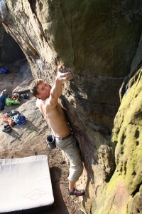Finn McCann climbing The One Pinch Punch at Nesscliffe.